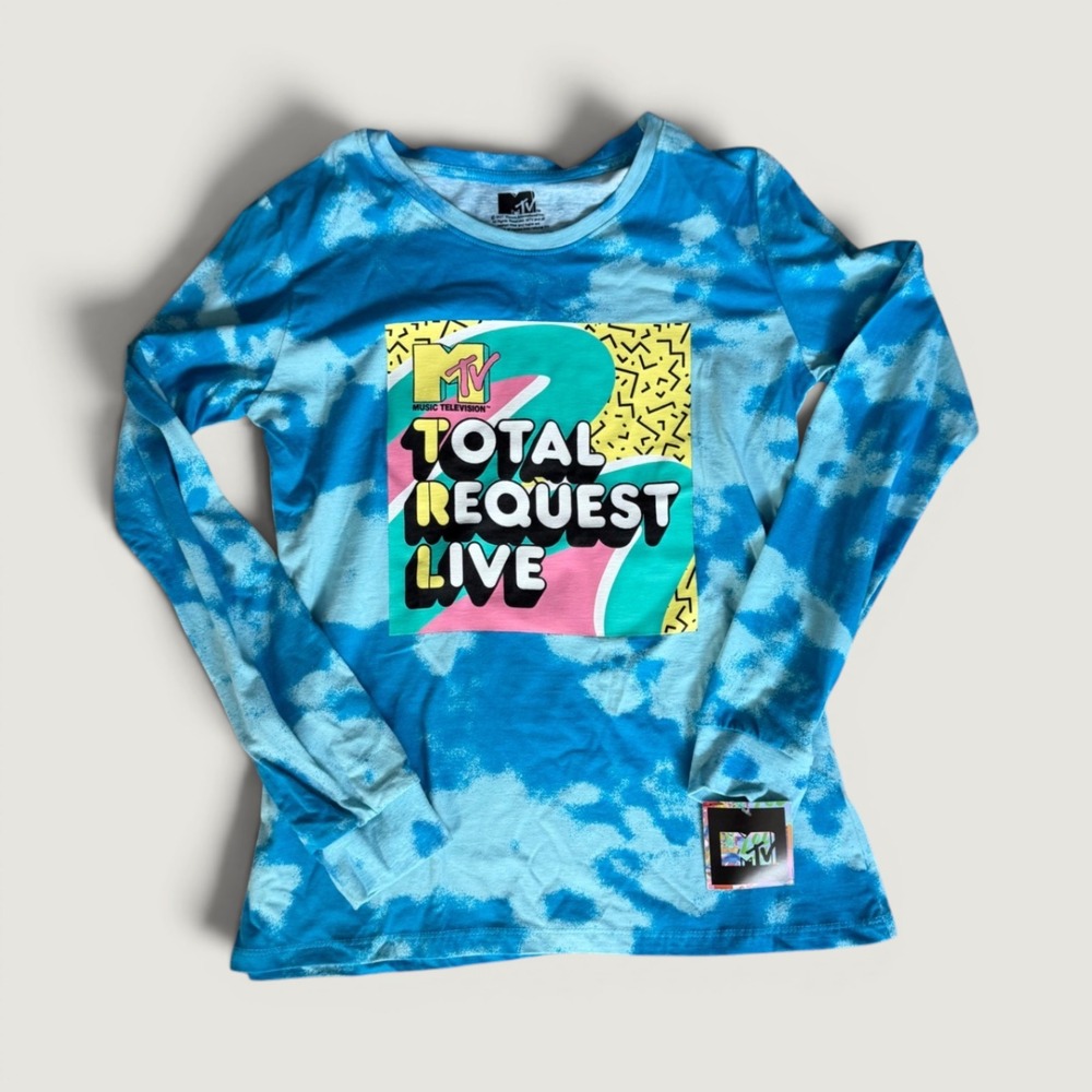 MTV Total Request Live TRL Blue Tie Dye Long Sleeve Graphic Tee Shirt Mens M NEW